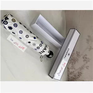 چتر اتوماتیک برند چنل CHANEL ضد باد با پارچه نانو و جعبه کادویی رنگ کرم نخودی