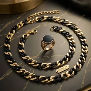 ست مردانه دستبند و گردنبند و انگشتر دورنگ طلایی ارسال رایگان 