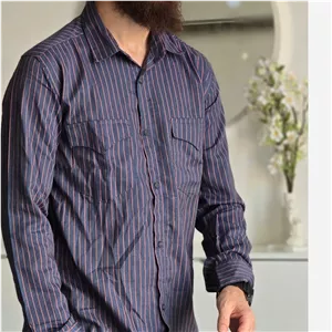 پیراهن جین آستین بلند دو جیب مردانه پارچه جین کاغذی کشی سایز M تا XXL
