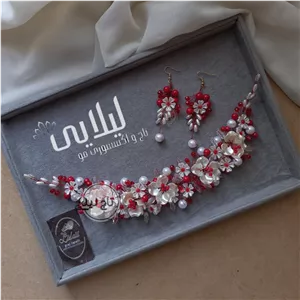 ریسه مو شینیون پرکار گل های ریز و گوشواره قرمز L0330 تاج و تل عروسریسه بغلسری حنابندان ، عقد ، نامزدی و فرمالیته