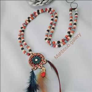 گردنبند رولباسی پلاک چوبی دریم کچر و مهره های کریستالی دخترانه  