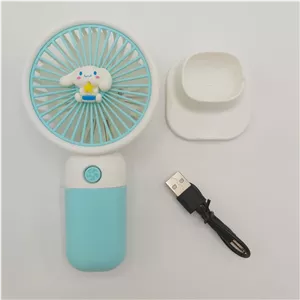پنکه دستی شارژی مدل عروسکی 5 پره پلاستیکی با کابل USB و محافظ پره