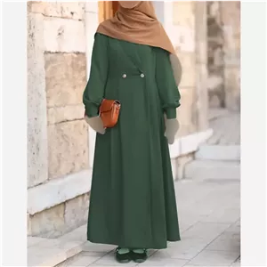 پیراهن زنانه طرح هما جنس الیزه قد 140 با دامن پیلیدار و دکمهدار