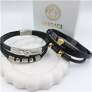 دستبند مردانه و پسرانه چرم پلاک استیل طرح ورساچ VERSACE سه لاین رنگ ثابت کد amp (پس کرایه)