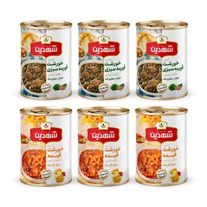 کنسرو خورشت قیمه و سیب زمینی با سویا و کنسرو خورشت قورمه سبزی با سویا شهدین - 370 گرم بسته 6 عددی