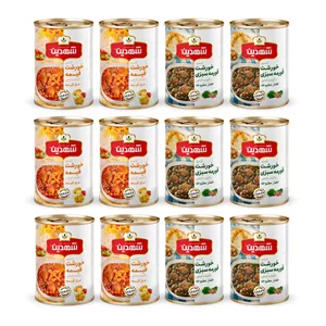 کنسرو خورشت قیمه و سیب زمینی با سویا و کنسرو خورشت قورمه سبزی با سویا شهدین - 370 گرم بسته 12 عددی