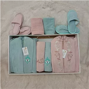 سرویس حوله 10 تیکه Ventura گلدوزی شده (کالباسی سبزآبی) مخصوص عروس و داماد