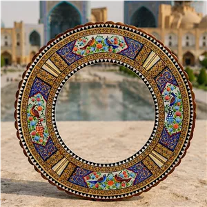 آینه خاتم کاری طرح گل و بلبل گرد 