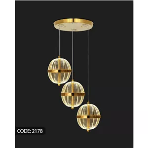 لوستر مدرن آویز سه شعله گوی کریستالی طلایی LED SMD ریموت دار 3 حالت نور کفی نورپرداز کد 2178