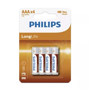 باتری نیم قلمی فیلیپس مدل LongLife کد R03L4B10 بسته 4 عددی