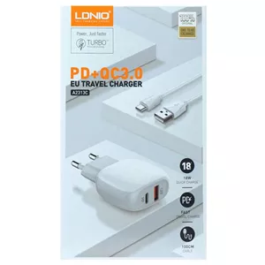 شارژر 18 وات + کابل Type-C فست شارژ الدینیو LDNIO A2313C