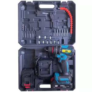 دریل پیچ گوشتی چکشی شارژی براشلس 10 میلی متری 228 ولت جاب مدل JB-228 FX MAX مجموعه 45 عددی