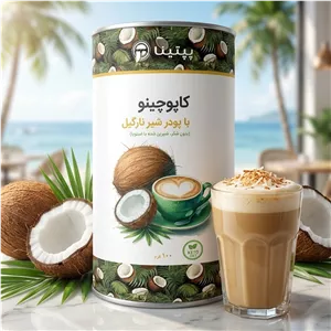 کاپوچینو با پودر شیر نارگیل قوطی 100 گرمی بدون شکر شیرین شده با استویا پپتینا