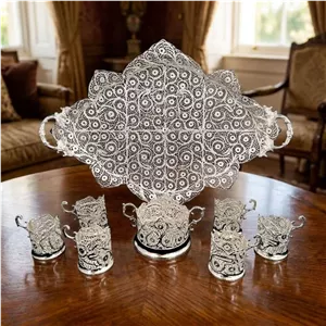 سرویس پذیرایی نفیس ملیله کاری (سینی بزرگ، قندان و چایخوری)