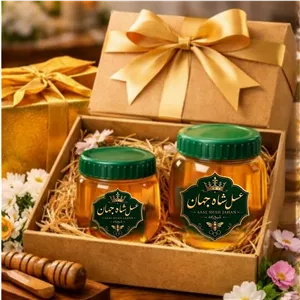 پک ترکیبی عسل طبیعی شاه جهان ، 2 شیشه عسل 250 و 500 گرمی ، هدیه و تجربه طعم طبیعی