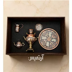 سرویس مسی سماور نقره کوب میناتوری هدیه جعبه چوبی 