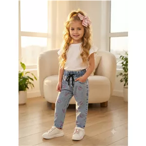 شلوار مام استایل کمرکش آبی روشن دخترانه سایز50تا85