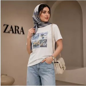 تیشرت آستین کوتاه سفید طرح چهار باکس کیف و گل Zara (اسپانیا) اورجینال