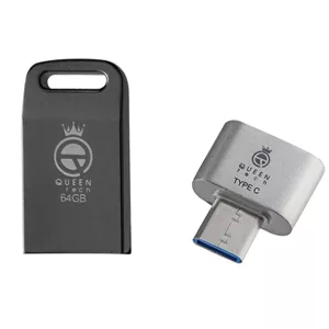 فلش مموری 64 گیگابایت کوئین تک مدل UNIQUE C-PLUS با بدنه فلزی و مبدل USB-C OTG