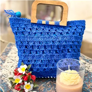 کیف ساحلی رافیا آبی دسته چوبی