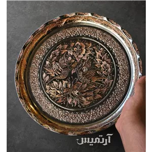 سینی مسی الماس تراش طرح گل مرغ سایز 2