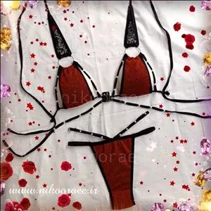 بیکینی فانتزی  زنانه  قرمز مشکی زرشکی شاین مرواریدی