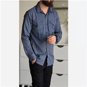 پیراهن جین آستین بلند دو جیب مردانه پارچه جین کاغذی کشی سایز M تا XXL