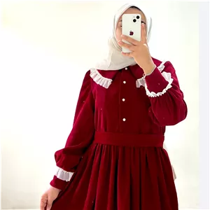 پیراهن مخمل کبریتی قرمز سایز 40 قد 138 مناسب مهمانی و عید با خرج کار تور و مروارید دکمهخور