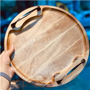 سینی گرد چوب گردو دسته فلزی . 