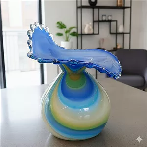 گلدان شیشه ای دکوراتیو طرح موج آبی و سبز