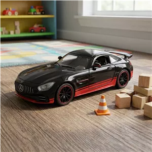 ماشین بازی فلزی ژی مدل مرسدس بنز AMG GTR دودزا با مقیاس 124، عقبکش، موزیکال، چراغدار و دربهای بازشو