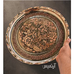 سینی مسی الماس تراش طرح گل مرغ سایز 3