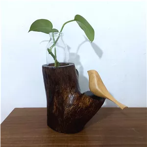گلدان چوبی روستیک، گلجا رومیزی طرح پرنده 