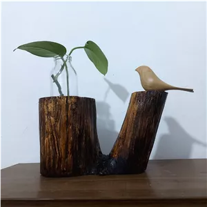 گلدان چوبی روستیک، رومیزی طرح پرنده 