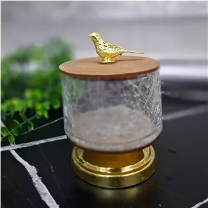 قندان شیشه ای ابگز پایه دار گنجشکی پایه فلزی درب چوبی قطر10 ارتفاع 13