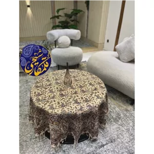 رومیزی گرد چاپ قلمکار شیخی طرح چوگان قطر 220