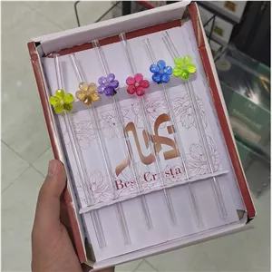 نی شربت خوری شیشه ای گلدار بسته 6 عددی