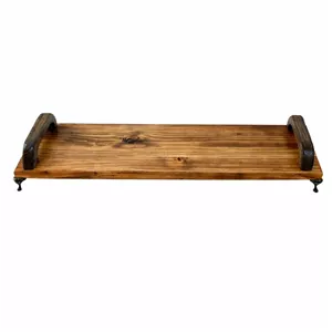 سینی سرو چوب روس طرح دستهدار با پایه فلزی کلاسیک و روکش دو دست جلا، مستطیلی 50×14×4 سانتیمتر، وزن 600 گرم