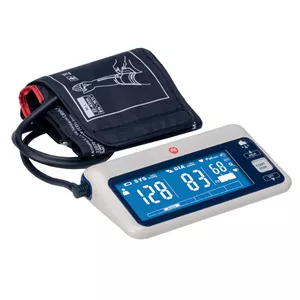 فشارسنج دیجیتال بازویی پیک سلوشن مدل clearRAPID با کاف دو شلنگه، نمایش میانگین نتایج، صفحه نمایش پسزمینه مشکی با اعدا...