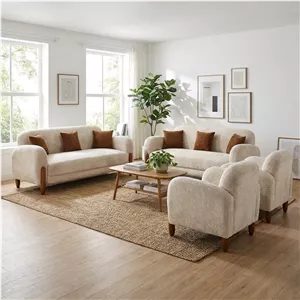 مبل راحتی هشت نفره با روکش پارچه و پایه چوب مدل لارا به همراه 4 کوسن