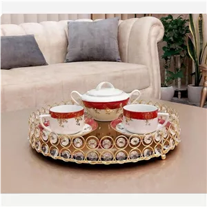 سینی نگین دار گرد پایه دار کف آینه ای سینی پذیرایی گرد نگینی پایه دار