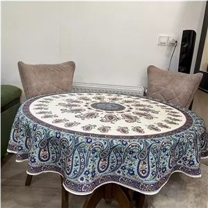 رومیزی گرد مخمل شانل قطر 140 سانت آبی فیروزه ای