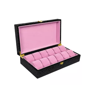 جعبه ساعت 12 خانه چرمی طرح سنگی مشکی با بالشتک صورتی کد TW-26322