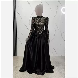 پیراهن مجلسی زنانه مدل ترمه دامن ساتن و بالاتنه تور پولکی مشکی
