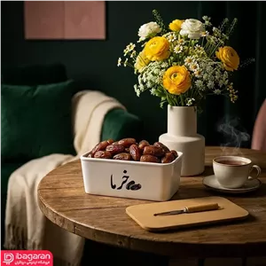 ظرف خرما سرامیکی درب چوبی مستطیل