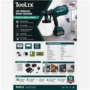 پیستوله شارژی 40 ولت براشلس تولیکس مدل TX-2240BR حجم مخزن 800 لیتر 6 ماه گارانتی شرکت 1 عدد باتری 