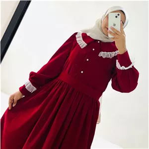 پیراهن مخمل کبریتی قرمز سایز 40 قد 138 مناسب مهمانی و عید با خرج کار تور و مروارید دکمهخور