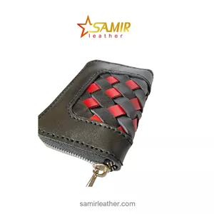 جاکارتی چرم حصیر بافت قرمز مشکی مدل اکاردئونی افقی زیپ دار ( کد s13)
