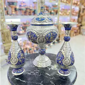 ست شکلات خوری بزرگ و گلدان صراحی 20cm قلمزنی و نقاشی تذهیب 