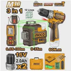 ست دریل شارژی 16 ولت لیتیوم چکشی 60 نیوتن متر INGCO مدل COSLI250101 آوانور - پس کرایه